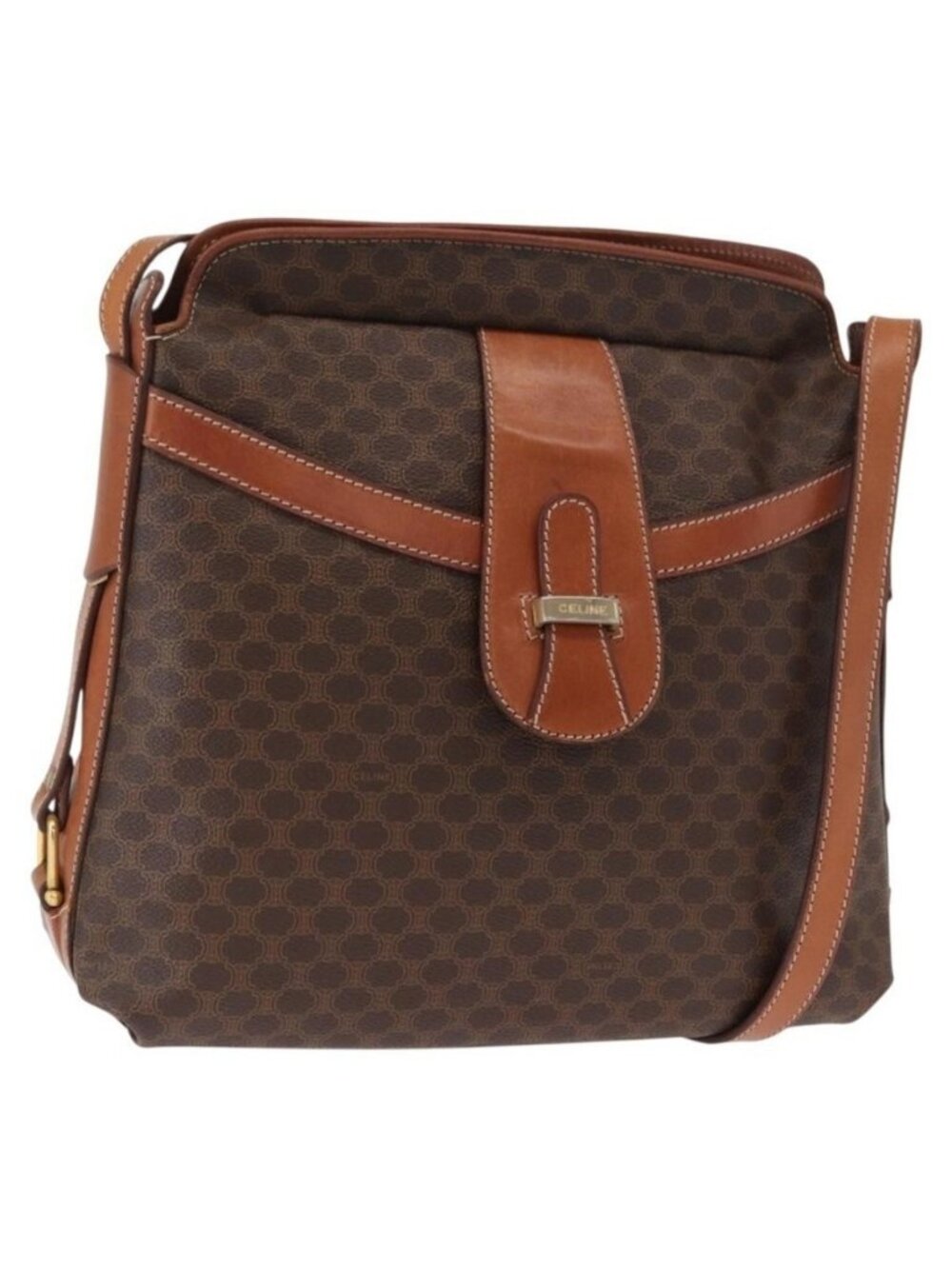 Authentic CELINE Macadam Canvas Shoulder Bag PVC Leather Brown Gold